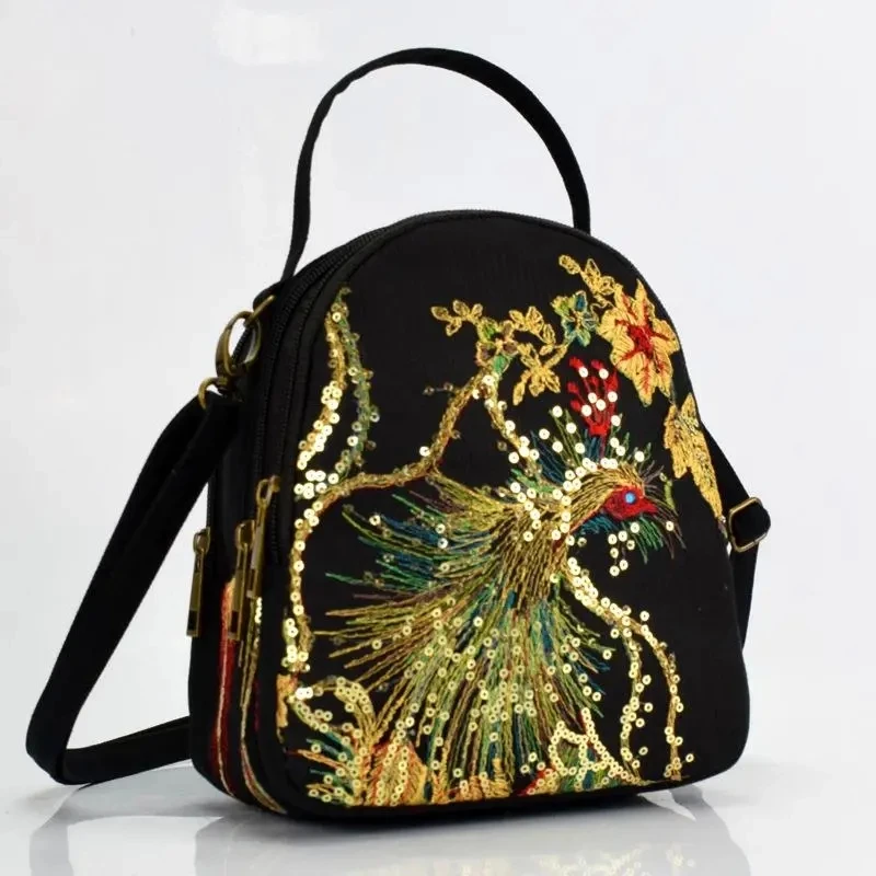 Women Shoulder Bag Handmade Shiny Peacock Embroidered Small Crossbody Bag Retro Canvas Shopping Tote Travel Purse and Handbags