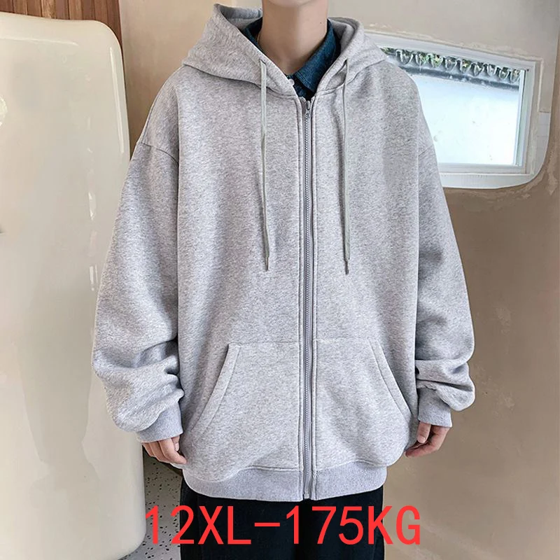 Men\'s Autumn and Winter large zipper 12xl hooded sweatshirt with 7XL 8xl 9xl 10xl thick black blue red grey big coat