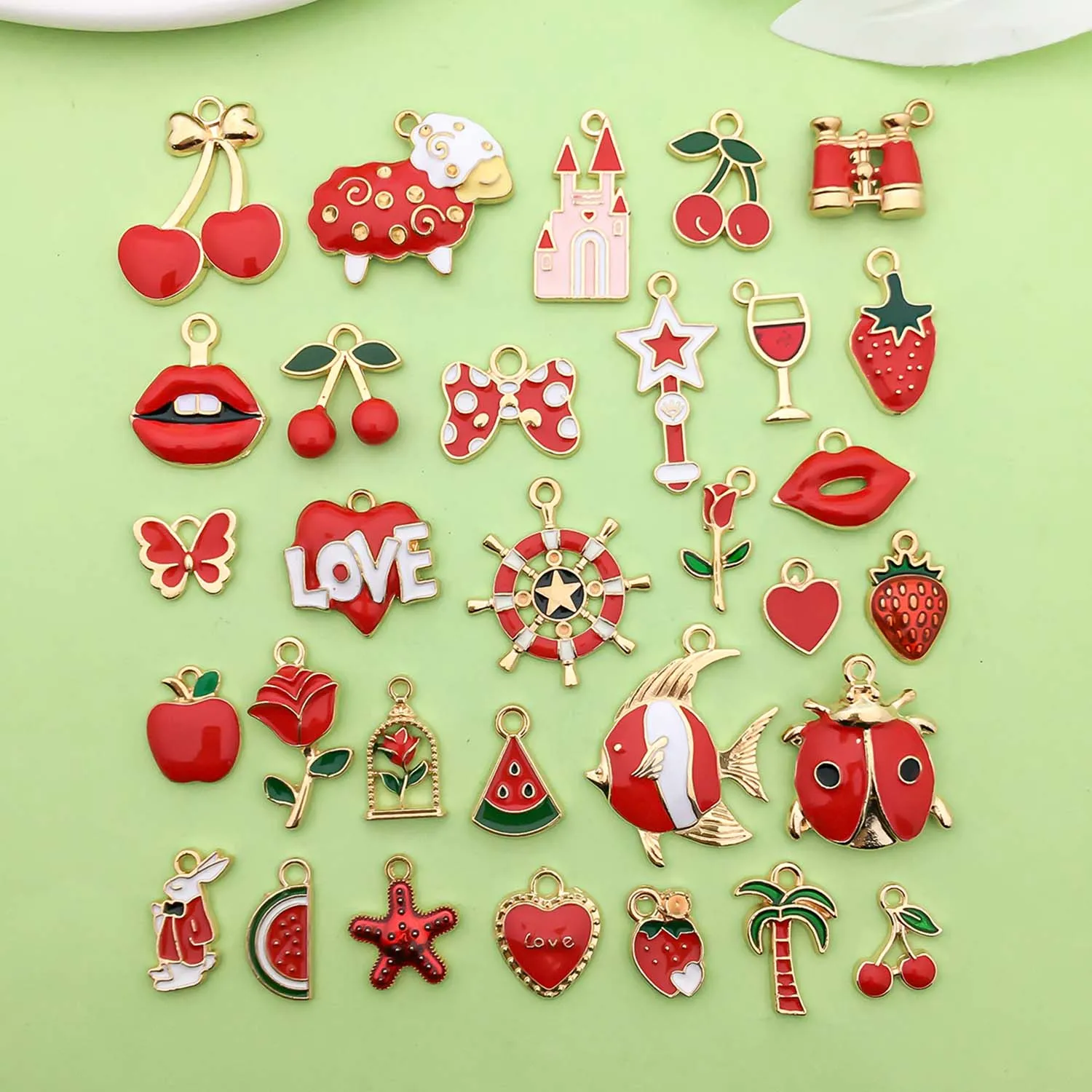 5/30pcs Red Enamel Charms Alloy Fruits, Flowers, Butterflies, Hearts, Insects Pendants for DIY Jewelry Making Accessories