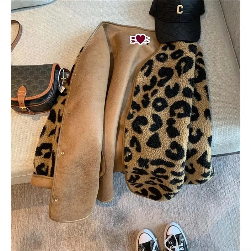 Jaqueta curta de pele com estampa leopardo feminina, casacos finos e soltos, casaco casual de pele sintética, top feminino, novo, 1 peça, 2022