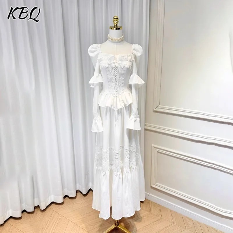 

KBQ French Solid Spliced Ruffles Tunic Dresses For Women Square Collar Puff Long Sleeve High Waist Temperament Dress Female New
