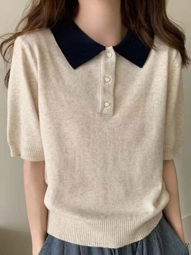 

Женский пуловер ort Sve, трикотажный воротник, открытый кардиган, Sli Heart Button, корейский Sle, летнее новое поступление