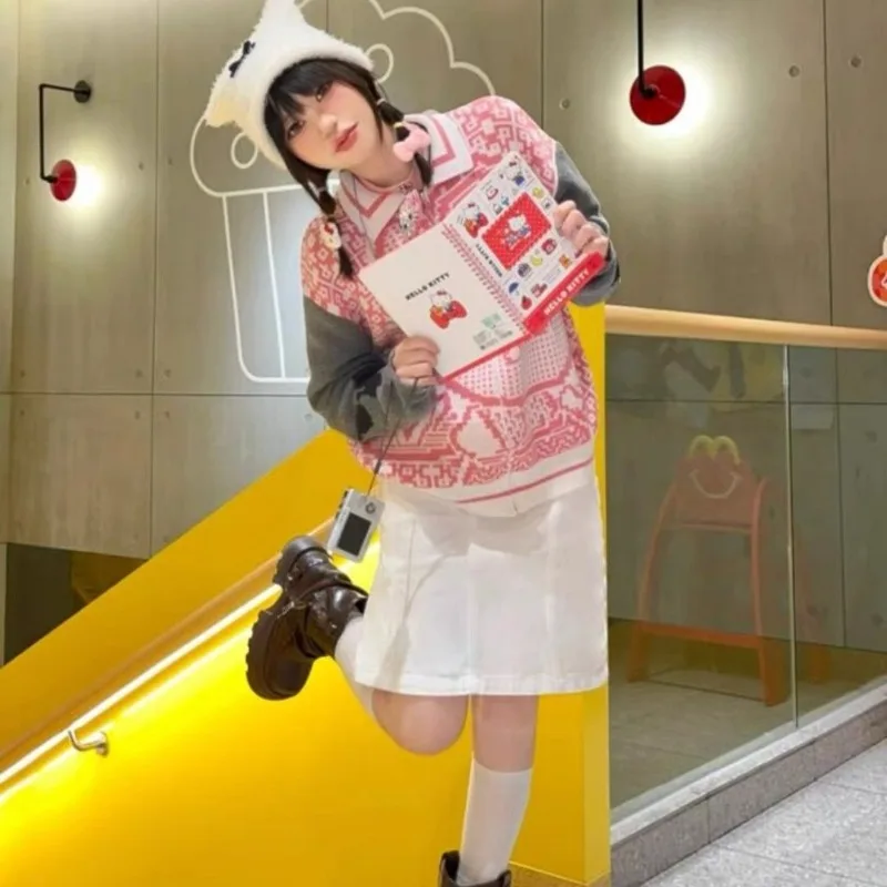 Cardigan lavorato a maglia da donna con stampa Sanrio Hello Kitty Giacca da donna coreana con cuciture a contrasto di colore Y2k Top maglione dolce cartone animato