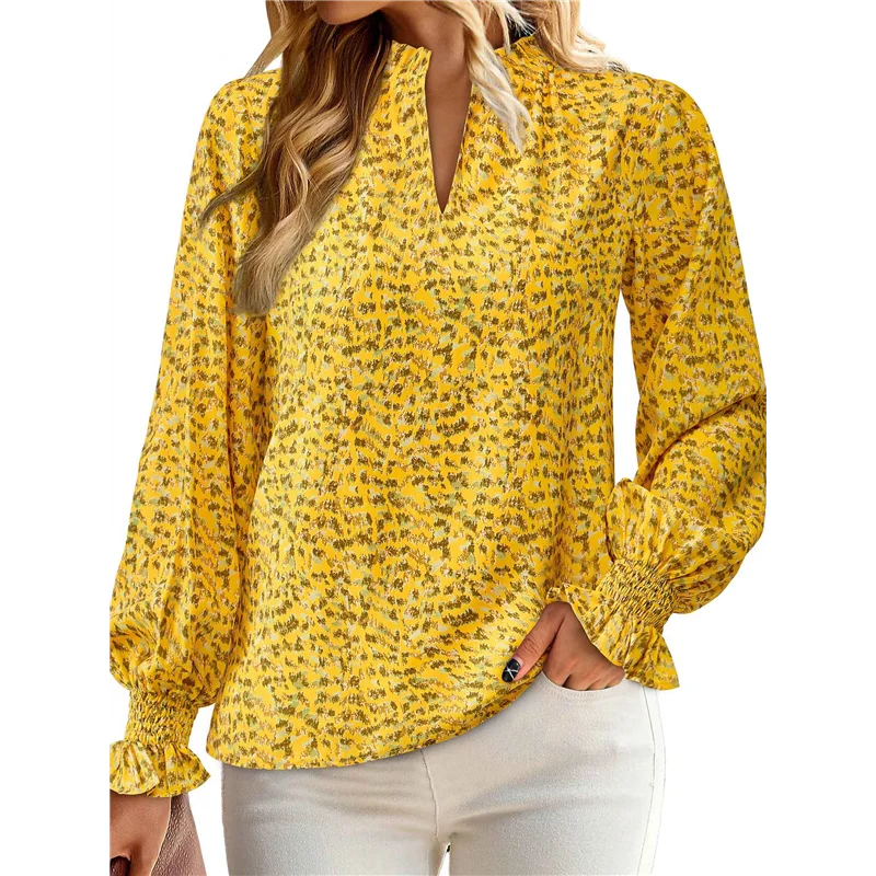 

ABRT-Womens V Neck Floral Long Sleeve Tops Summer Casual Loose Puff Sleeve Chiffon Boho Blouse T Shirts