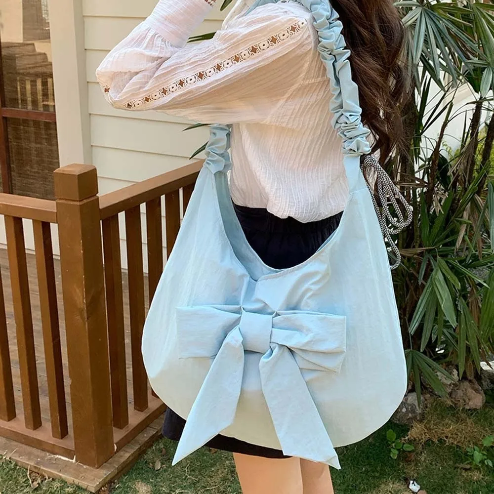 Solid Color Bow Decor Dumpling Bag Tote Magnetic Buckle Pleated Strap Crossbody Bag Lightweight Polyester