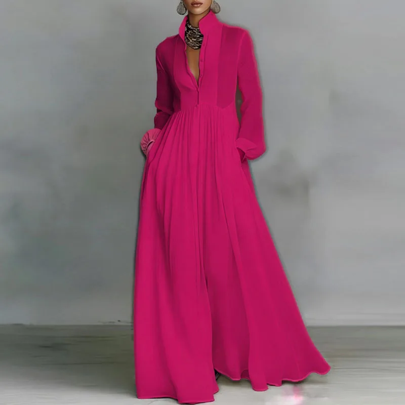 Boheemse Maxi Jurk met Staande Kraag en Knopen voor Dames, Elegant, Hoge Taille, Effen, Feestjurk, Lente, Lange Mouwen, Losse, Casual Jurk