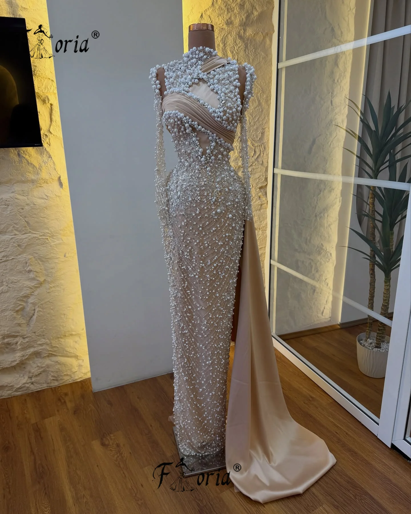 فستان أنيق للحفلات لؤلؤي كامل مطرز ثوب مسائي رسمي كوتور شامبانيا مخصص حفل رداء طويل soirées Elegante 2025