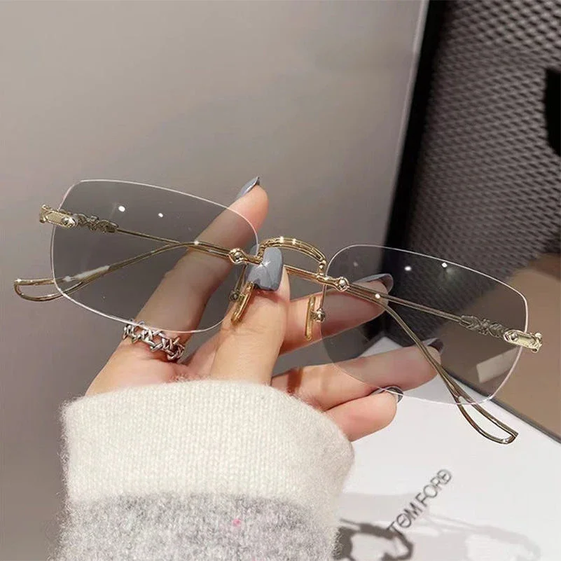 Outdoor Color Changing Rimless Photochromic Glasses Luxury Blue Light Blocking Finished Myopia Glasses Fashion Square Sunglasses