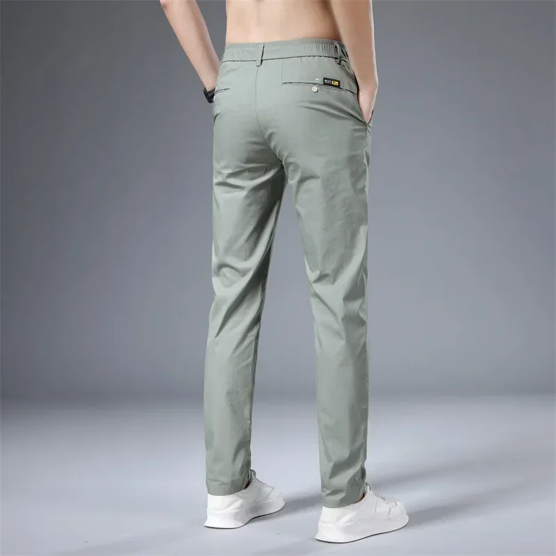 2025 pantalones casuales de verano para hombre, pantalones finos elásticos ajustados con cintura elástica de algodón, pantalones coreanos clásicos de negocios para hombre, color caqui y gris 28-38