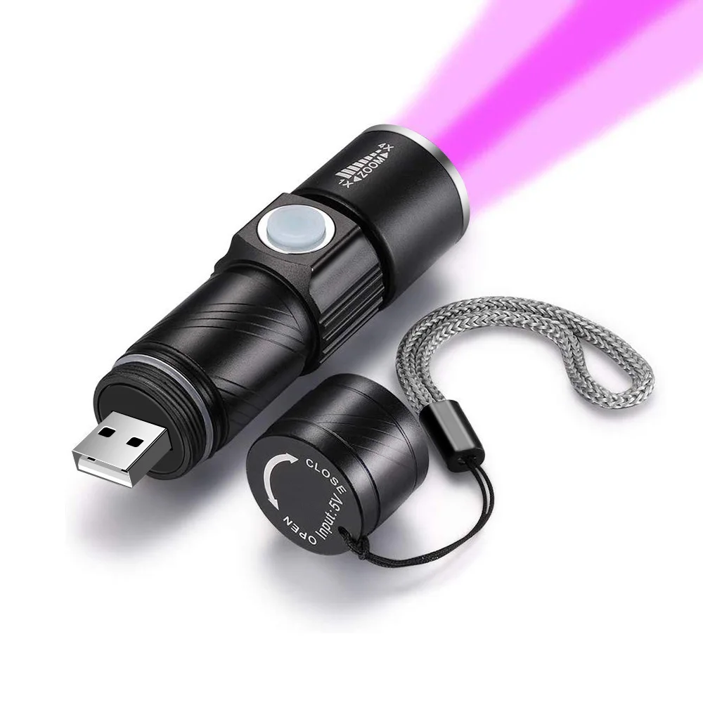 Mini lampe de poche LED UV zoomable, torche ultraviolette, lumière UV, détecteur d\'urine pour animaux de compagnie, chasse au scorpion, SAF, 395nm,