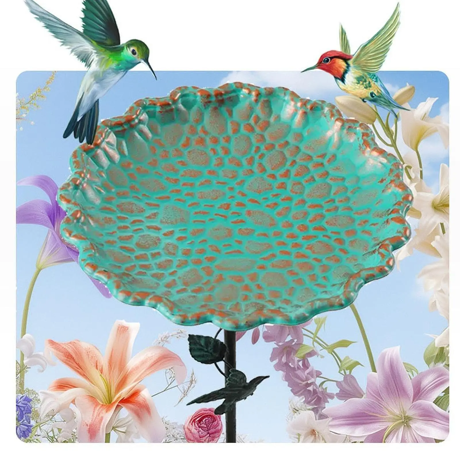 Birdfeeder with Metal Stake Ornament Gift Iron Weatherproof Decorative Bird Bath