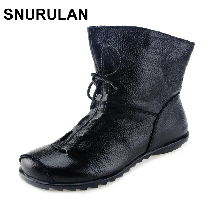 SNURULAN  Women Shoes Vintage Style Genuine Leather Women Boots Flat Booties Soft Women's Shoes Ankle Boots hidden heel