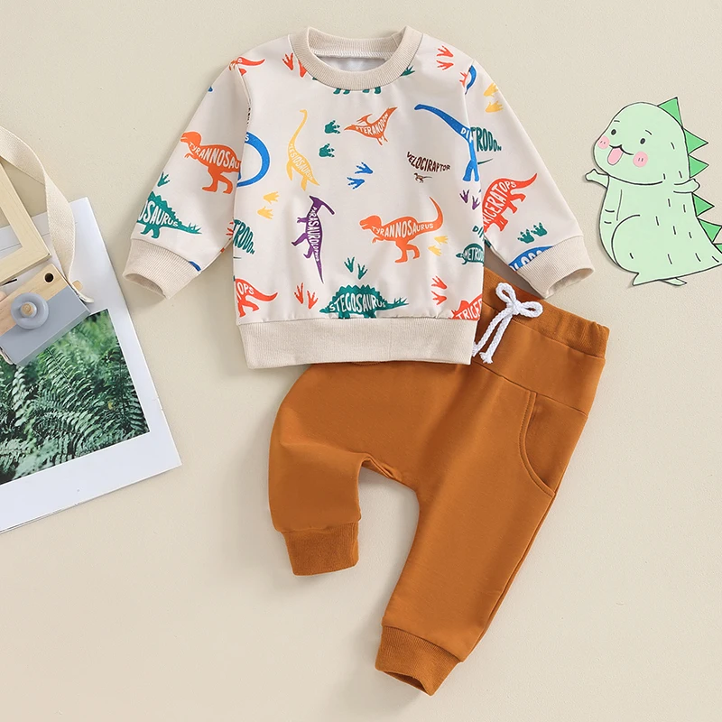 

2023-10-20 Lioraitiin 0-3Y Toddler Baby Boys Fall Winter Pants Sets Long Sleeve Dinosaur Print Pullover And Drawstring Pants Set