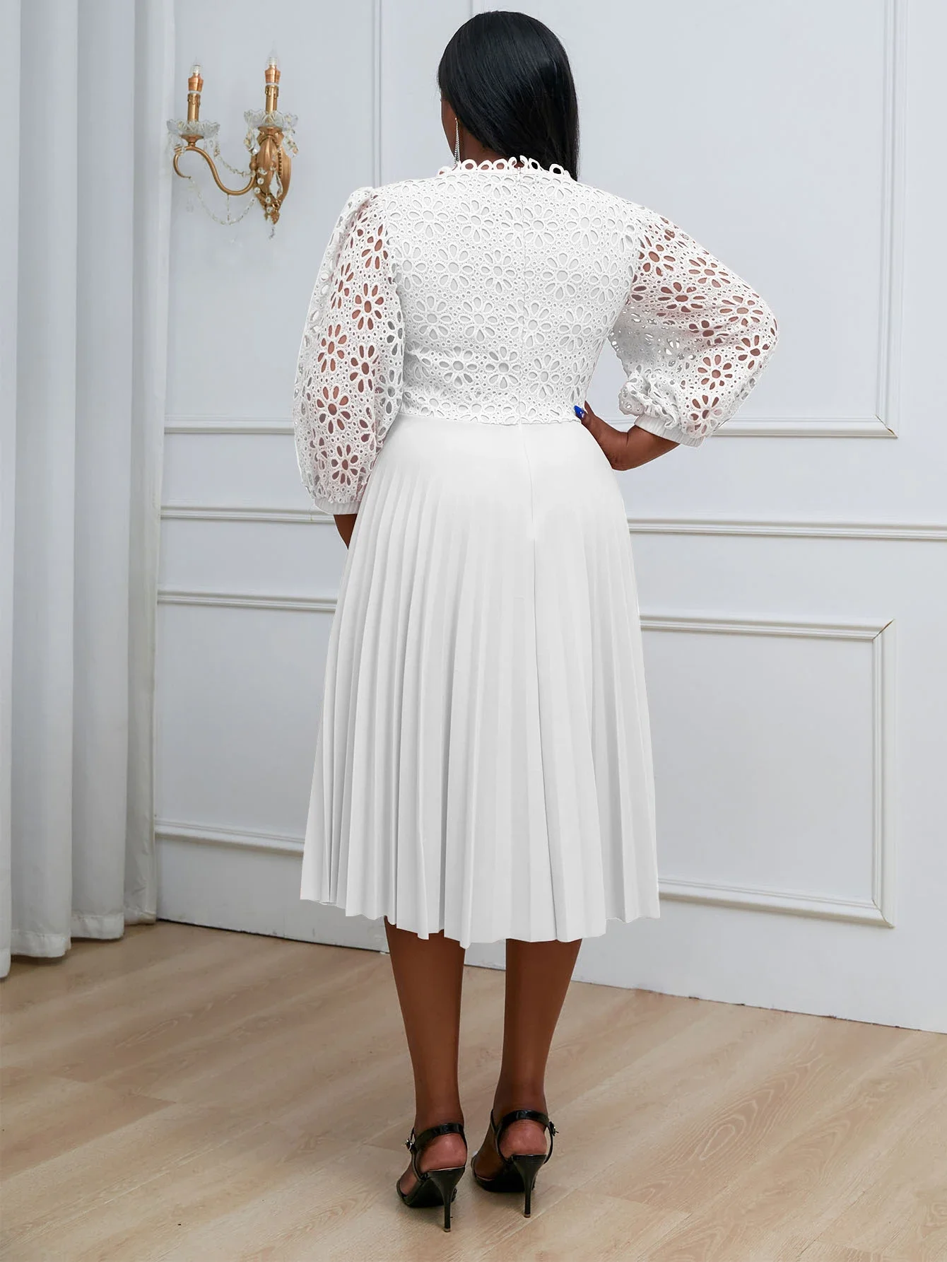 Chic Women White Pleated Dress Crew Neck Hollow Out Lace Sleeve Midi Dresses Spring Summer Elegant Party Birthday Church Outfits