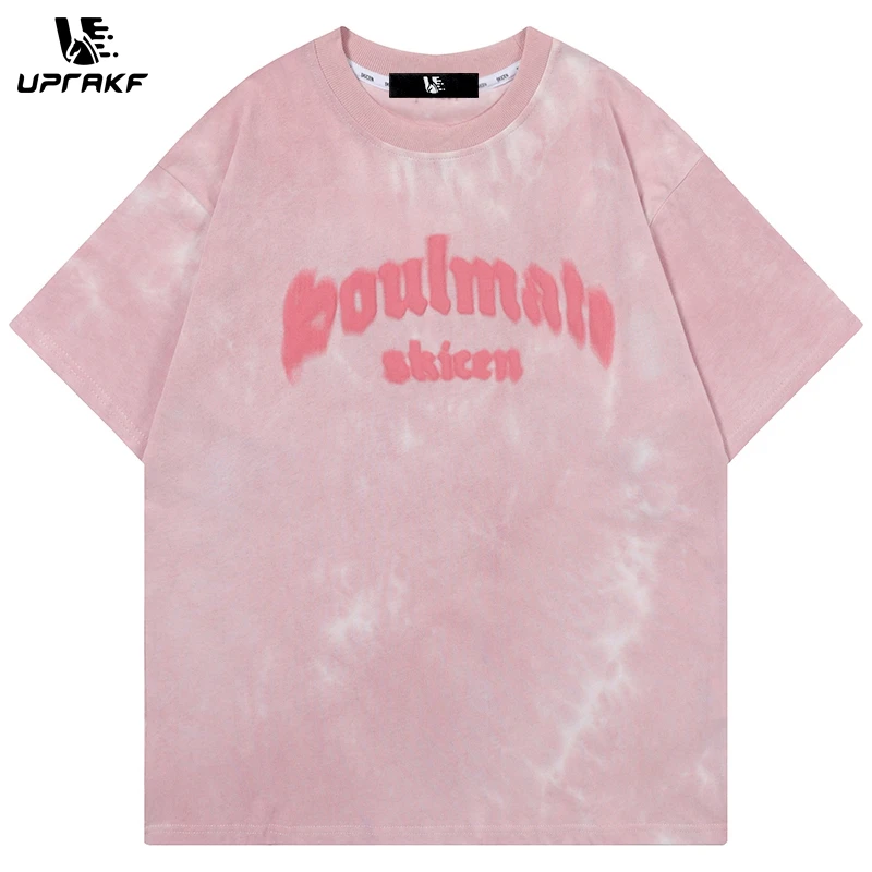 UPRAKF Letter Printing Cotton Short Sleeve Loose T Shirt Harajuku Oversize Blue Pink Tops Simple Design Washed Tie Dye Tees