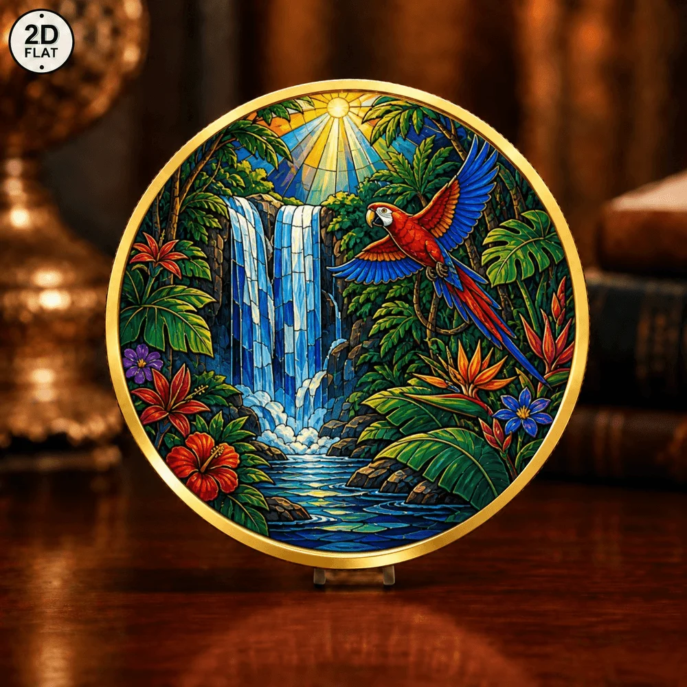 1pc Tropical Parrot & Desert Cactus Commemorative Coin Color Print Nature Scenery Metal Challenge Coin Art Keepsake Gifts