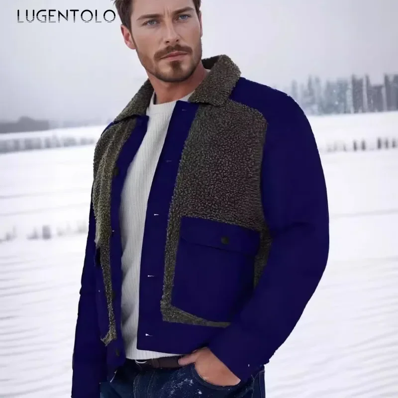 Men Fashion Jacket 2024 Contrastive Color Thickened Warm Artificial Lamb Wool Coats Elegant Lapel Single Breasted Casual Tops