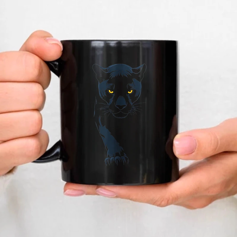 Black ceramic cup with a leopard motif for coffee, tea or hot beverages