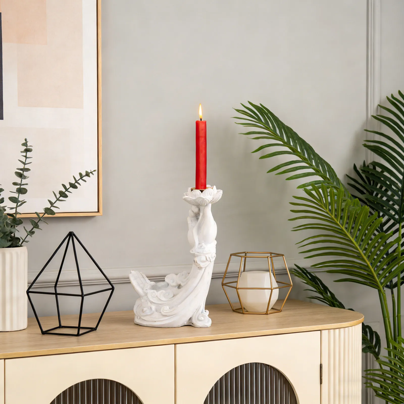 Lotus Flower Tealight Holder White Retro Buddha Hand Votive Candlestick Holder for Meditation Living Room Spiritual Zen view 3