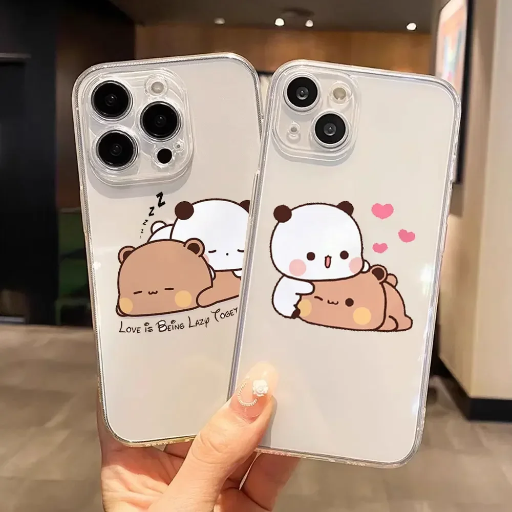 Cute Cartoon Bubududu Panda Couple Phone Case for IPhone 11 12 13 14 16 15 Mini Pro Max X XS Clear Cover for 8 7 Plus SE2 Fundas