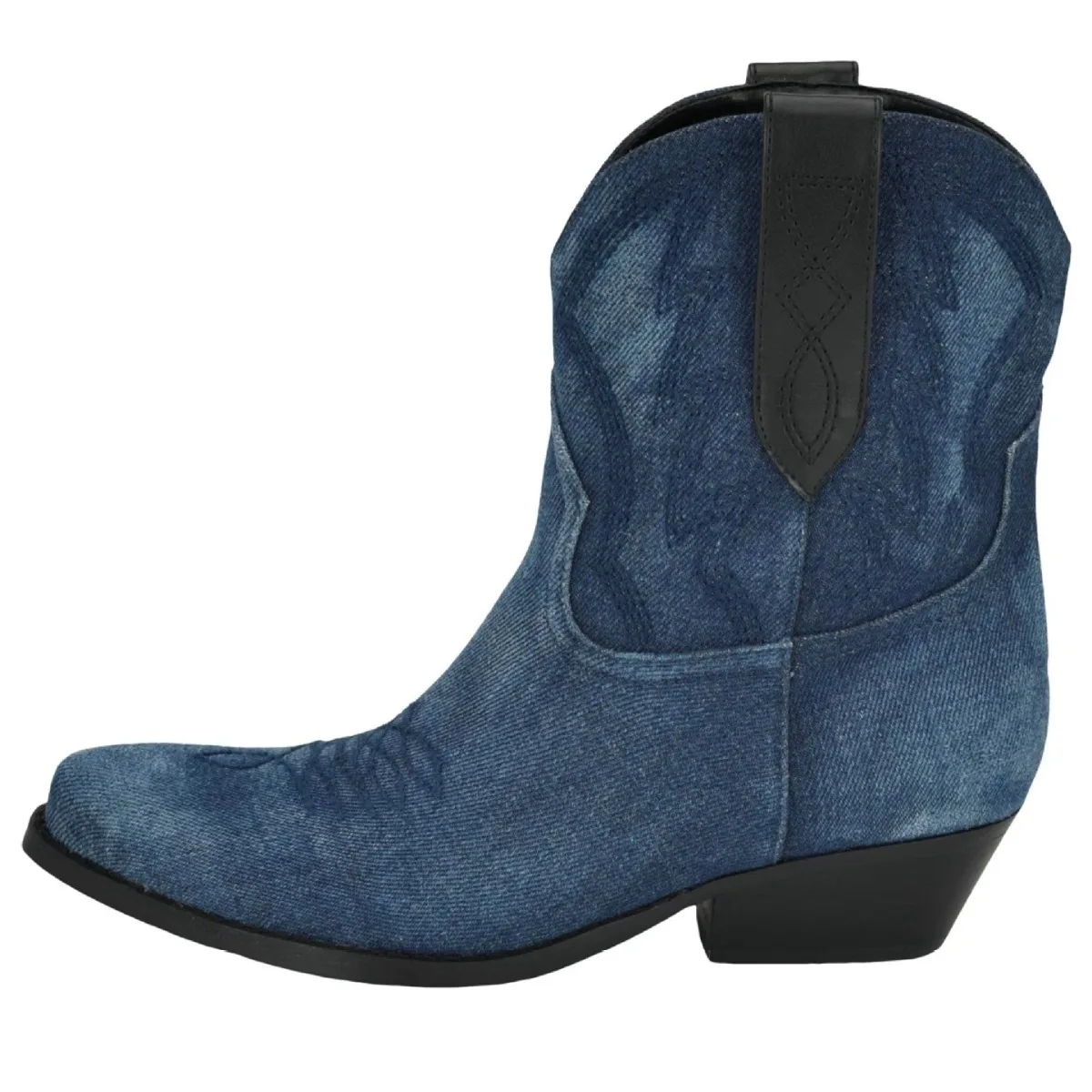 

Женские джинсовые ботинки на толстом каблуке, серебристые рыцарские короткие сапоги до середины икры с острым носком, большие размеры