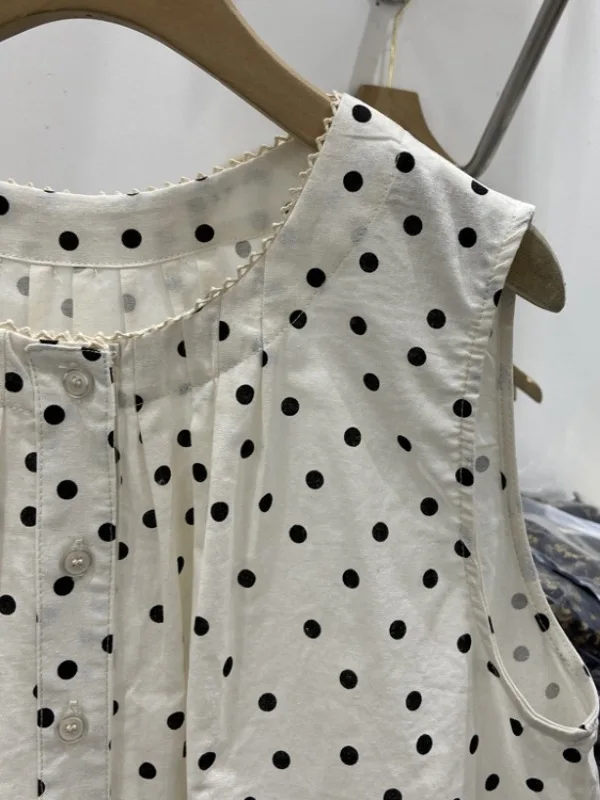 캐주얼 코튼 린넨 민소매 라운드넥 물방울 무늬 여성용 루즈핏 데일리 셔츠 여름 2025 신상 우아한 스몰 사이즈 상의