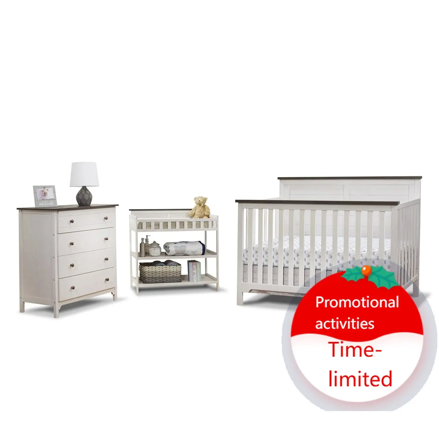 

Time-limitedFurniture Farmhouse 3-Piece Nursery Set with 4-in-1 Convertible Crib, 4-Drawer Dresser, and Changing Table with Shel