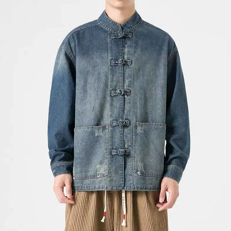 

Loose Men's Denim Jaet Spring Autumn Faion Jaet Youth Sle Chinese Traditional Clothing Durable Waed Fabric Outerwear