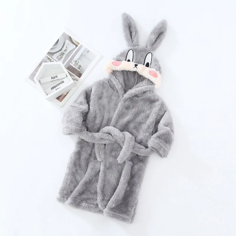 Fall Winter Kids Hooded Bathrobe Baby Bath Robes Boys Girls Cute Cartoon Rabbit Flannel Pajamas Long Sleeve Towel Robe Sleepwear