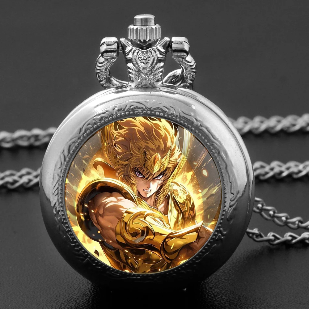 ساعة جيب كوارتز سوداء على شكل قبة زجاجية من Golden Zodiac Saint مع قرص أرقام عربية وسلسلة متينة هدية ريترو للرجال والنساء