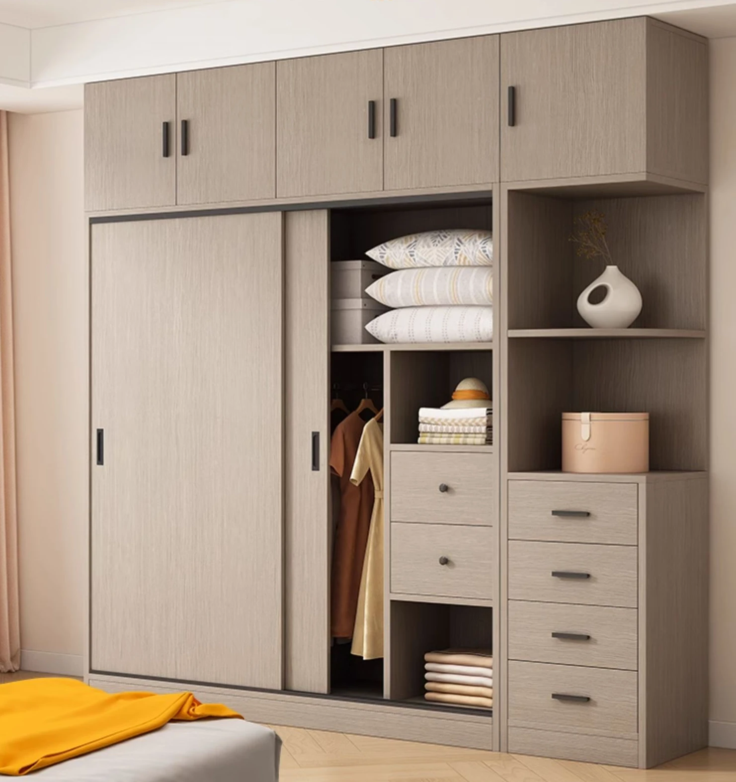 

Solid wood sliding door wardrobe, household bedroom sliding, new popular , no installation wardrobe cabinet, hanging wardrobe