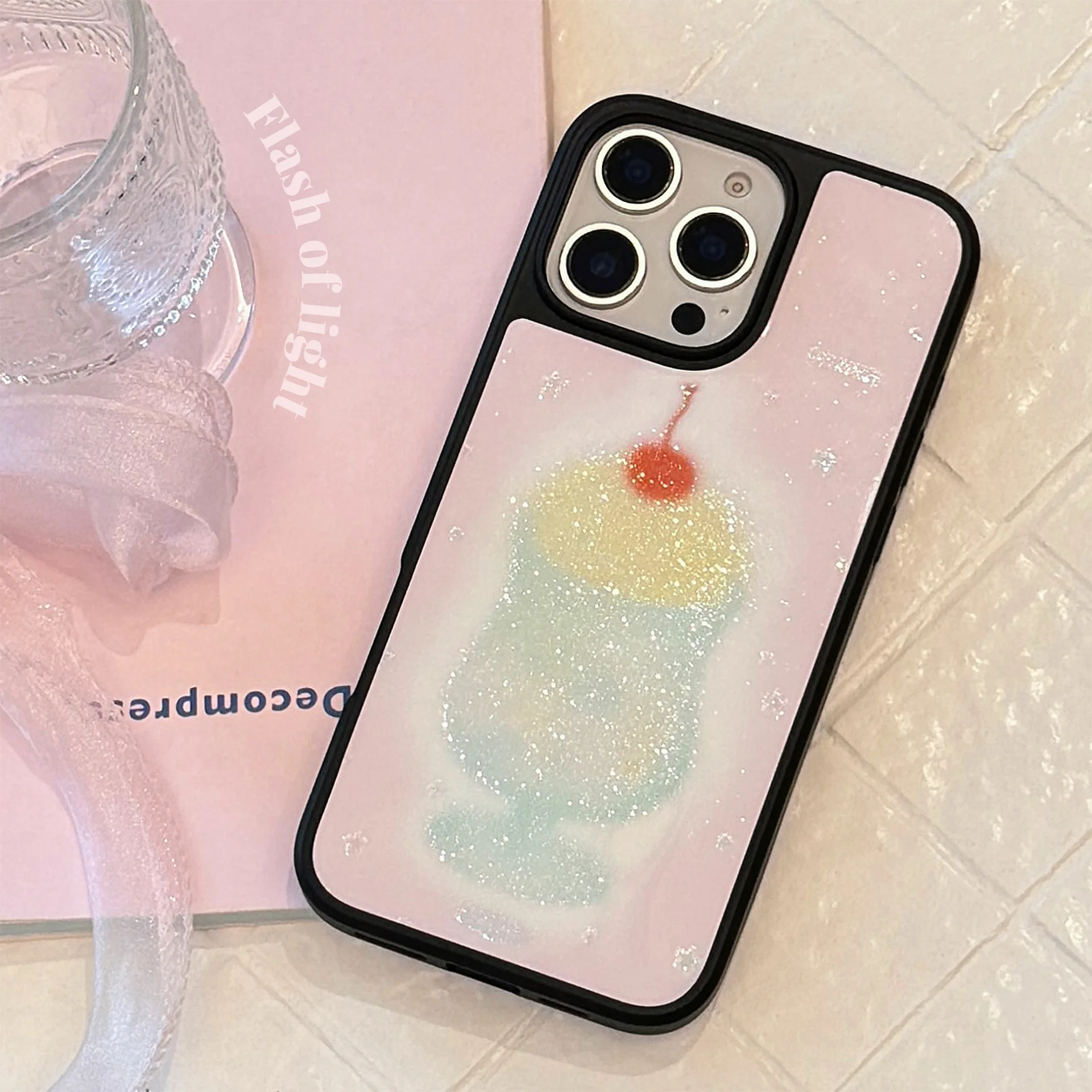 Koreanischer schwarzer Rahmen, glitzernde Kirschsaftbecher-Handyhülle für iPhone 16, 15, 14, 12, 13, Pro Max, stoßfeste Acryl-Schutzhülle