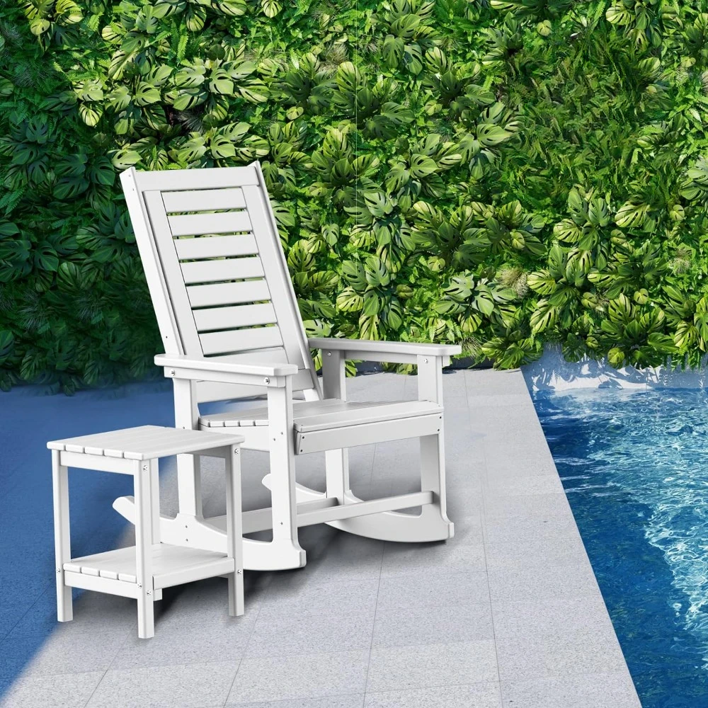 Outdoor Chairs Set of 2, Porch Rocker HDPE Plastic White Oversized Rockers High, Outdoor Rocking Chair