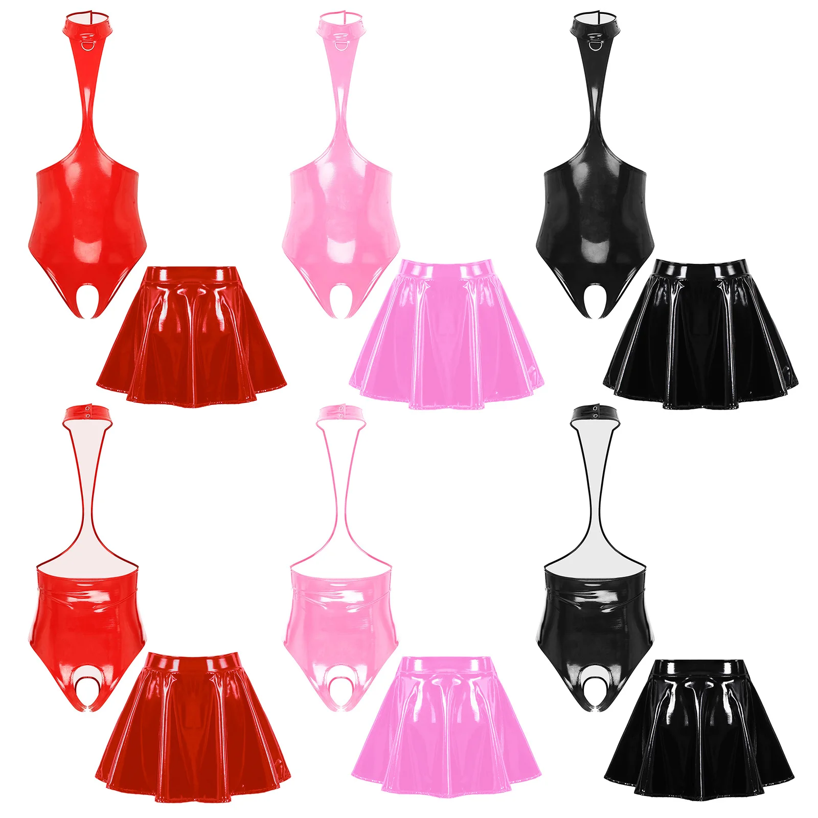 

Womens Sexy 2 Piece Lingerie Outfits Wet Look PU Leather Hollow Out Halter Neck Bodysuit with Mini Skirt Pole Dance Clubwear