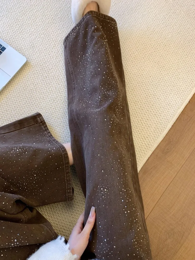 Work Ladies Spring New Coffee Colored Straight Jeans High Waisted Diamond Denim Trousers Retro Style Female Casual Long Pants