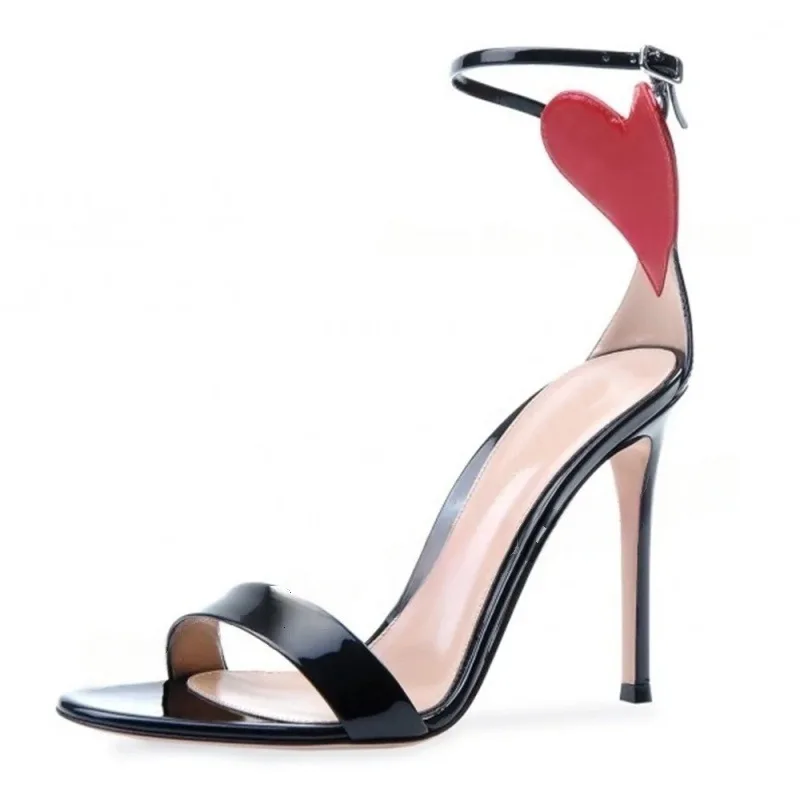 

Summer new round-headed patent leather love-line buckle sexy sandals splicing fine high-heeled banquet large size women's shoes