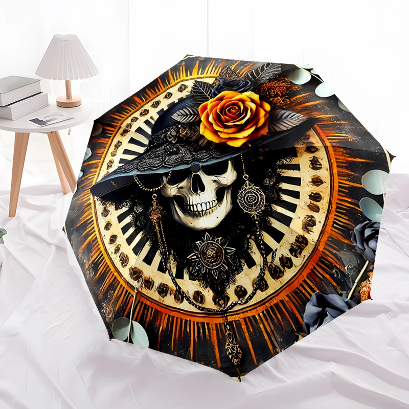 Gothic Skull Design Folding Umbrella - Fashionable Auto-Open Design 8 Iron Ribs Plastic Handle Foldable Sunshade，Perfect Gifts