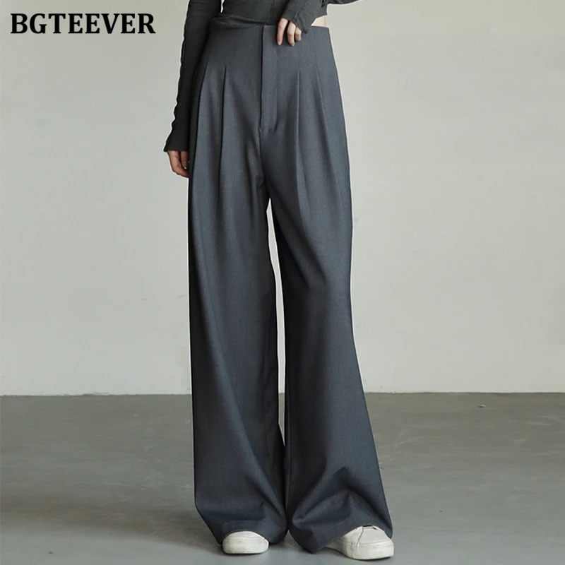 

BGTEEVER Stylish High Waist Pockets Female Suit Pants Elegant Autumn Loose Floor-Length Wide Leg Trousers for Women