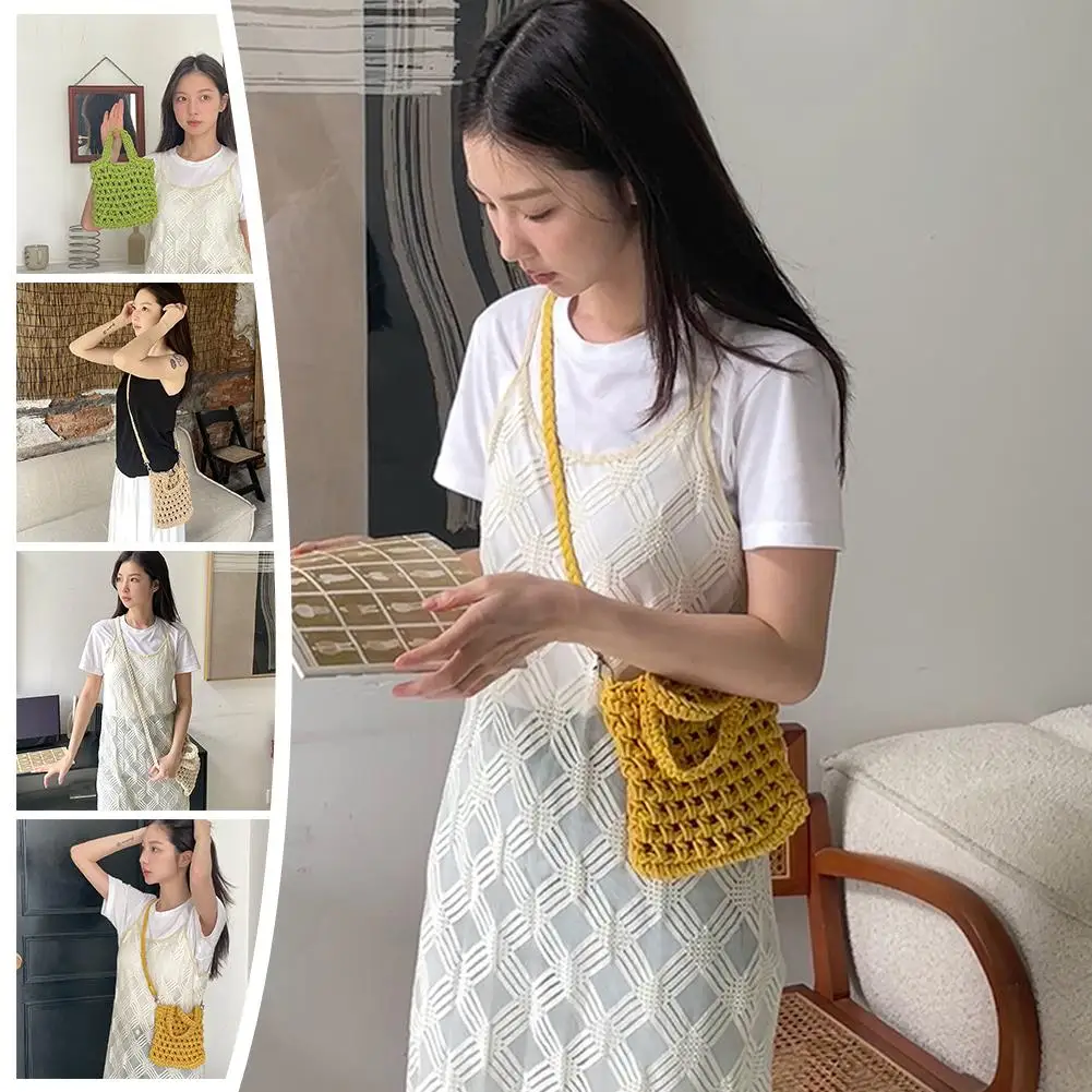 Handmade Weaving Shoulder Bag For Women Girls Vintage Versatile Crossbody Bag Hollow Messenger Handbag Handle Bag U0s9