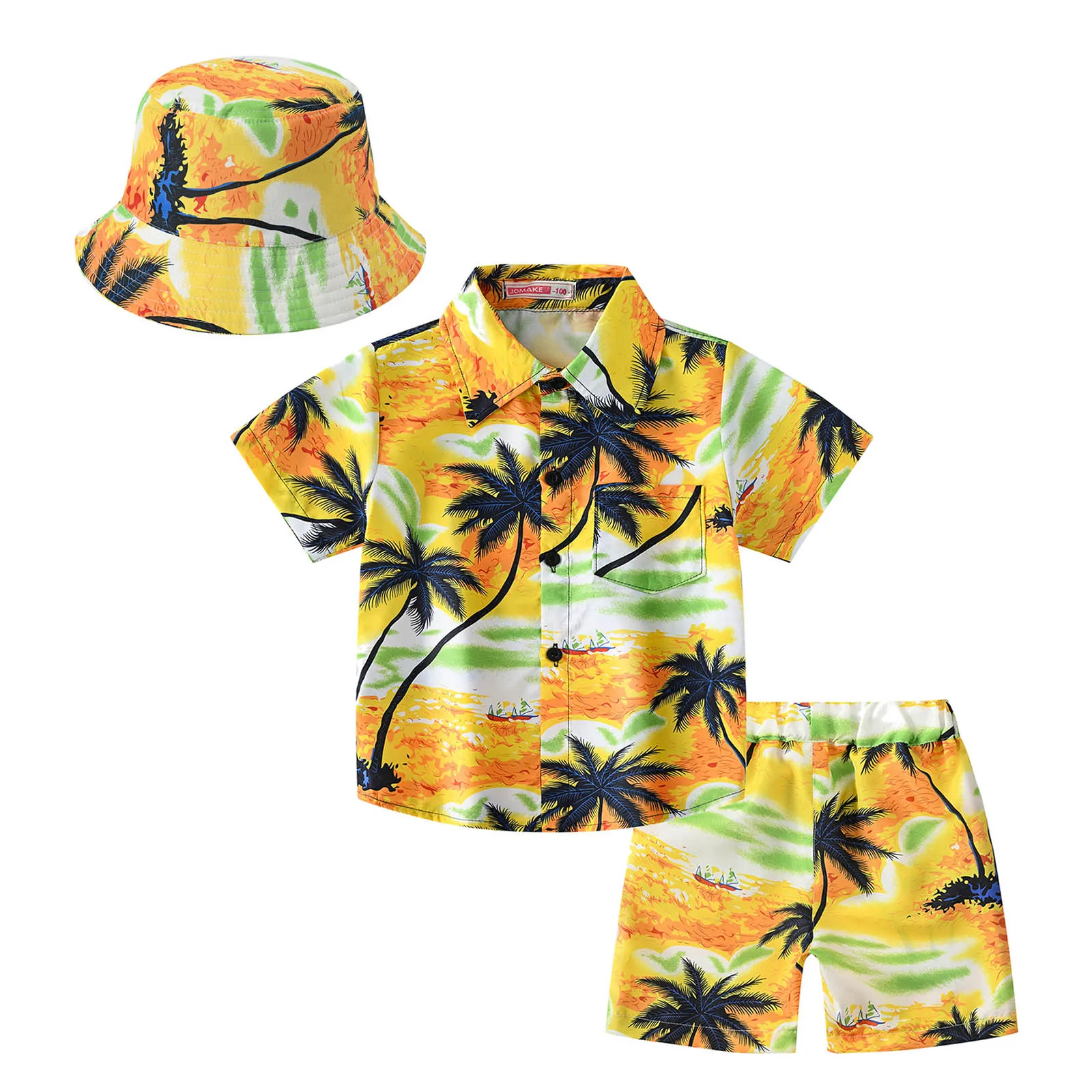 

3Pcs Casual Children's Clothing Boys Hawaiian Short Sleeve Button Down Shirt and Shorts with Bucket Hat Set Summer Tropical