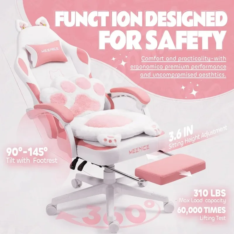 Pink Gaming Chair Cute with Cat Ears Paw Lumbar and Cushion,Ergonomic Computer Chair with Footrest