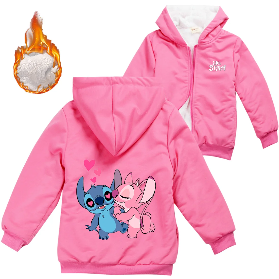 Disney Lilo Stitch Warm Winter Jacket For Boys Girls with Zipper Children Coat Thicken Hooded Sweater Kids Outerwear