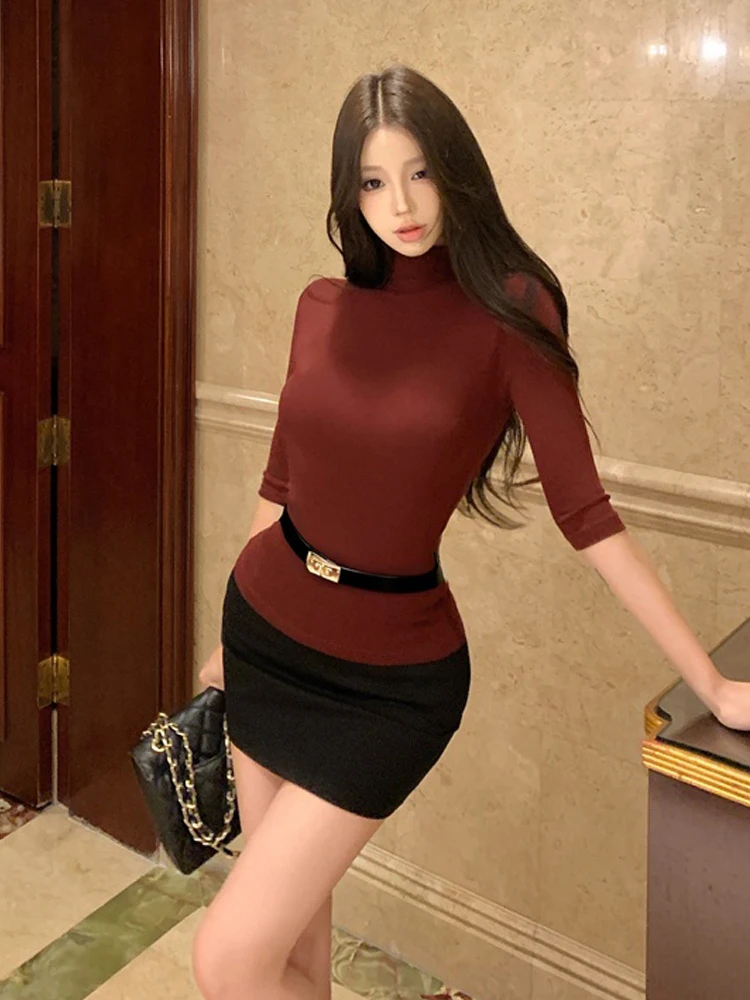 Sexy Slim Fit High Collar T-Shirt And  Skirt Set Pure Color mid Sleeve Bodycon Top with High Waist Half Skirt for Women
