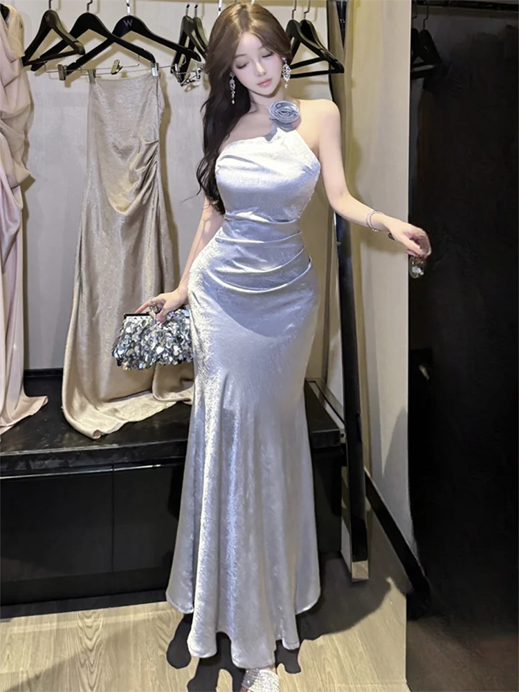 ฤดูร้อนAcetateซาตินChicดอกไม้คอชุดผู้หญิงBacklessเซ็กซี่ชุด 2025 เกาหลีVINTAGEหรูหราVestidos