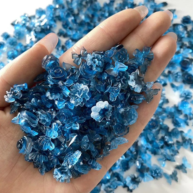 10pcs Kawaii Gradient Blue Nail Art Charms Japanese Flower Butterfly Bow Design Nail Decoration DIY Manicure Jewelry Accessories