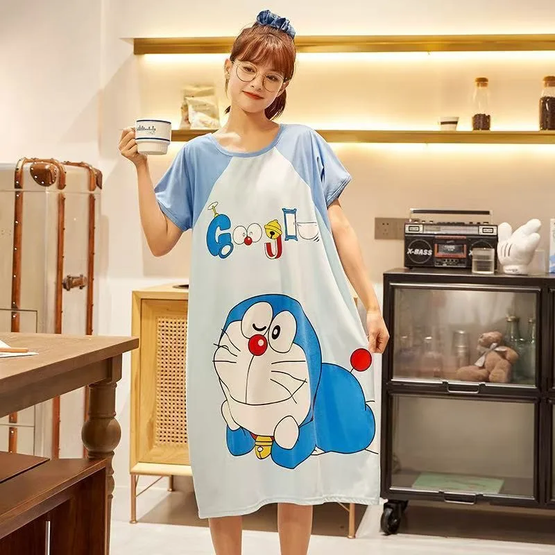 Doraemon cute nightdress for women summer thin version student short-sleeve loose pajamas mid-length cartoon casual home dress