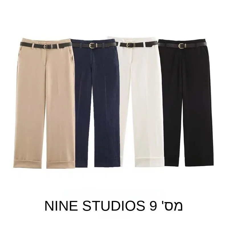 Nine Zar Women's Casual Wide Leg Pants with Belted Cuffed Legs Comfortable Leisure Trousers Ladies Fashion Spring 2024