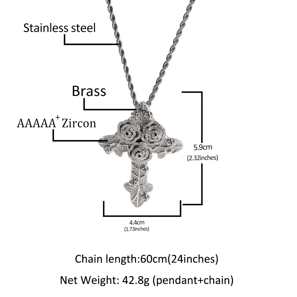 Fashion Brand INS Rose Cross Iced Out Bling Pendant Necklace Mirco Pave Prong Setting Men Women Fashion Hip Hop Jewelry BP098