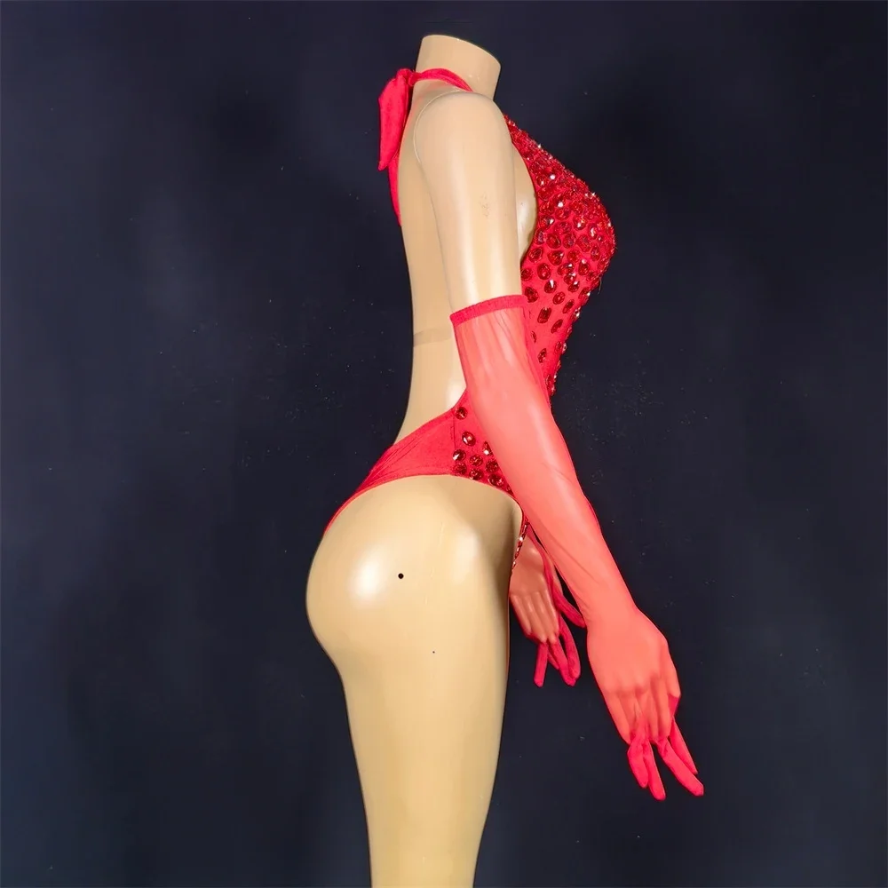 Red Rhinestones Stretch Bodysuit Women Sexy Party Pole Dance Outfit Gogo Dancer Costume Bar Ds Dj Stage Performance Wear Concert