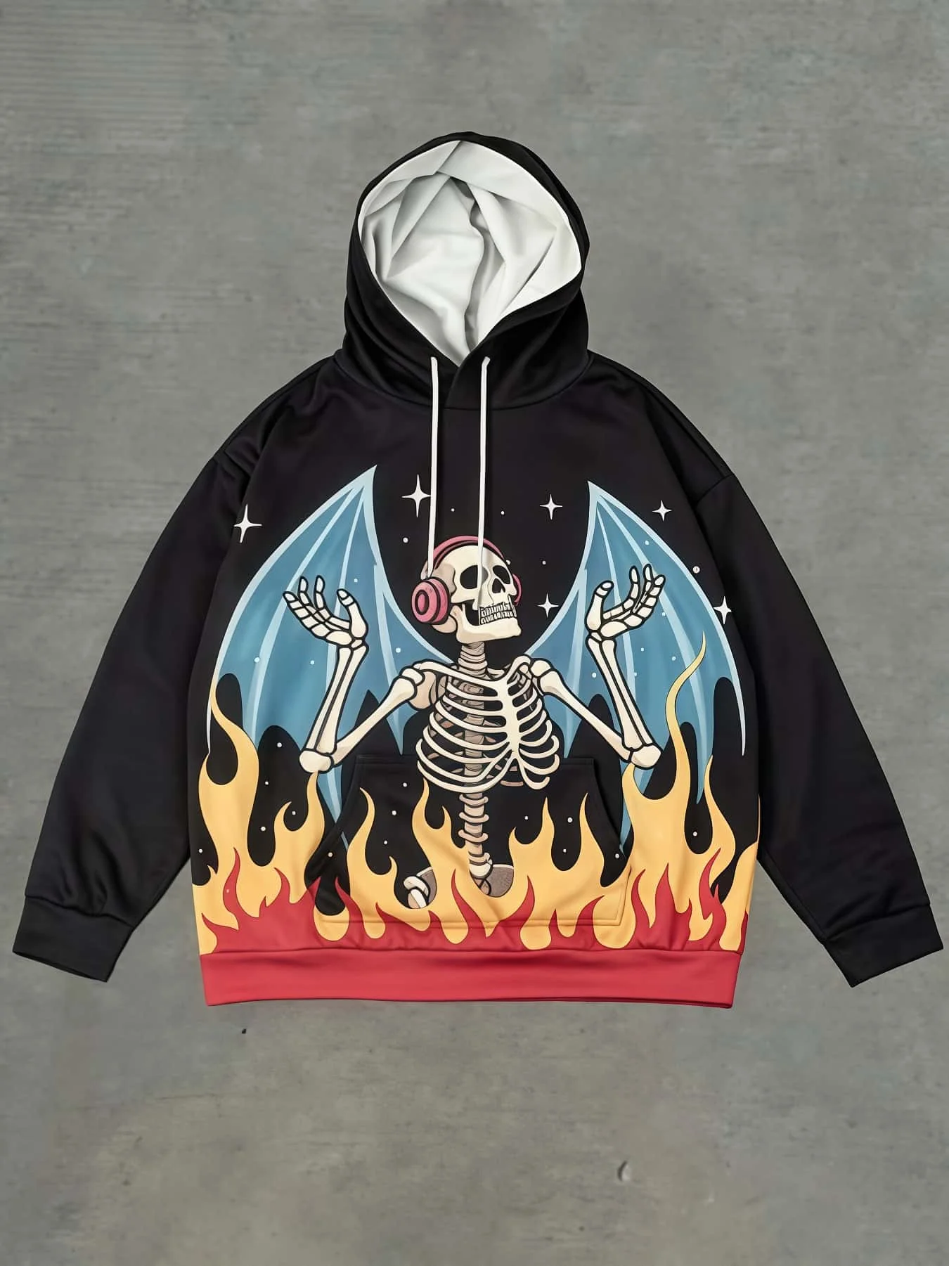Dark-themed Hoodie with Skull Wings  Flame Prints  and A Hood - Unisex Y2K American Streetwear Oversized Pullover Sweatshirt